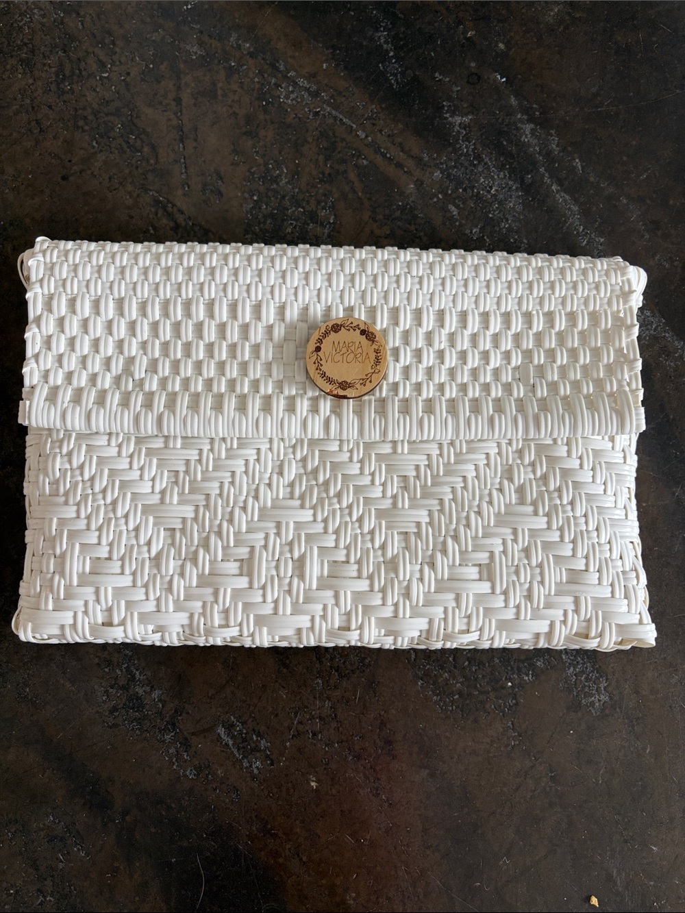 Maria Victoria White Woven Clutch with Decorative Button